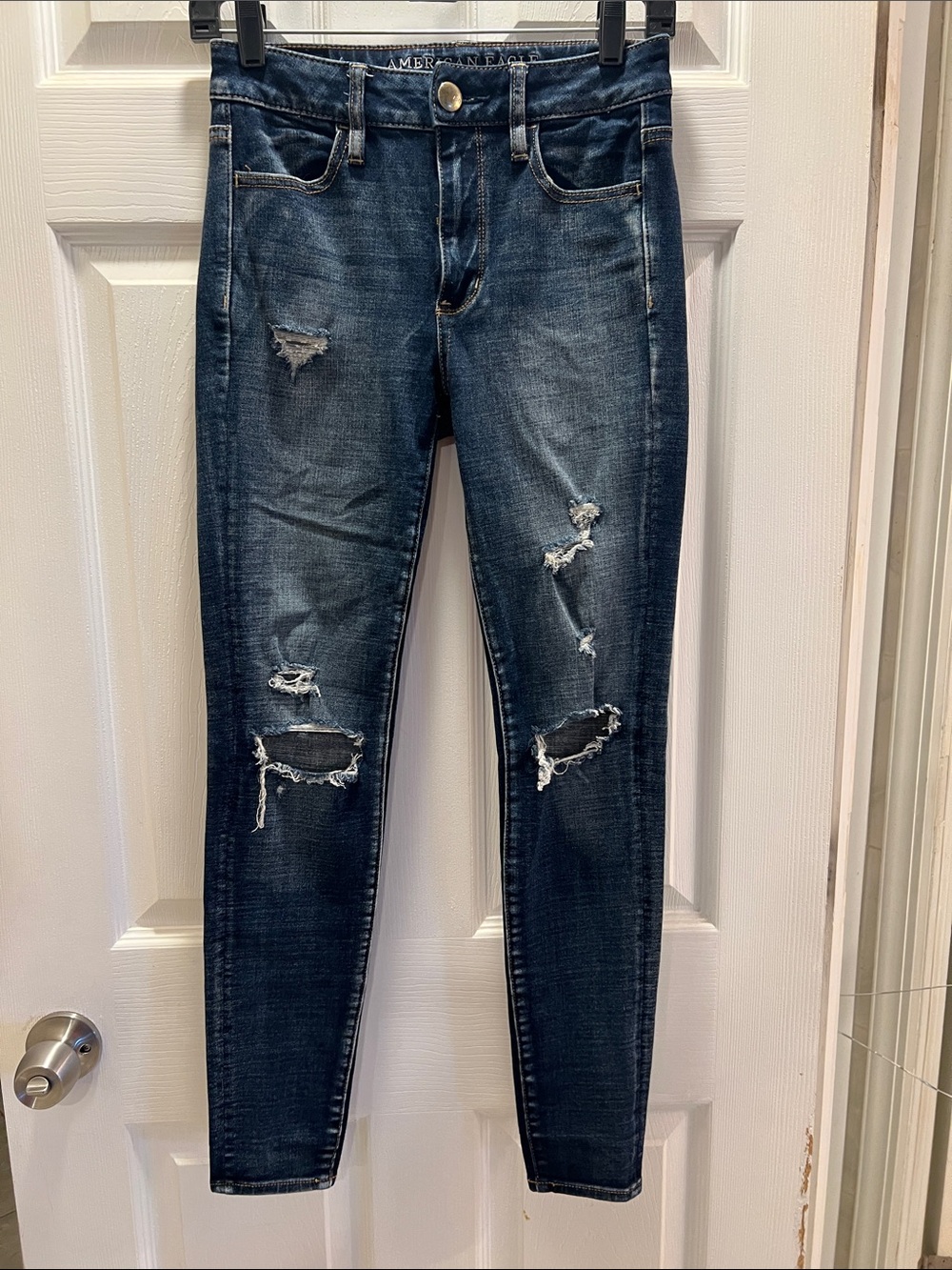 American Eagle Outfitters Dark Wash Ripped High-Rise Skinny Jeans